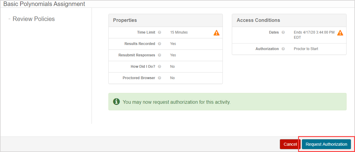 The Request Authorization is the second button on the launch page.